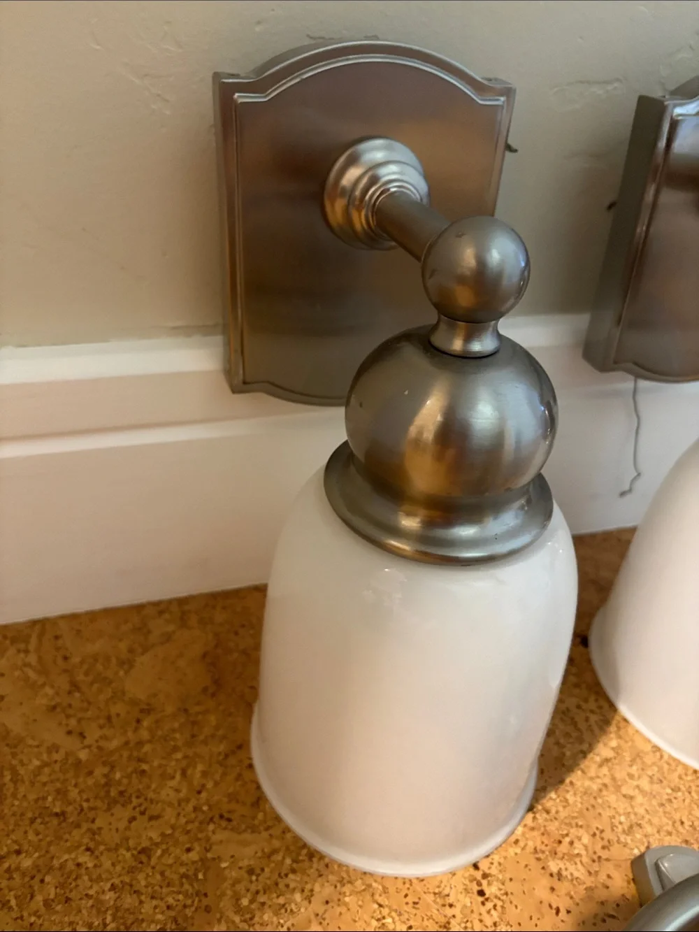 Pair of Pottery Barn Brushed Nickel Covington bath sconces plus towel bar